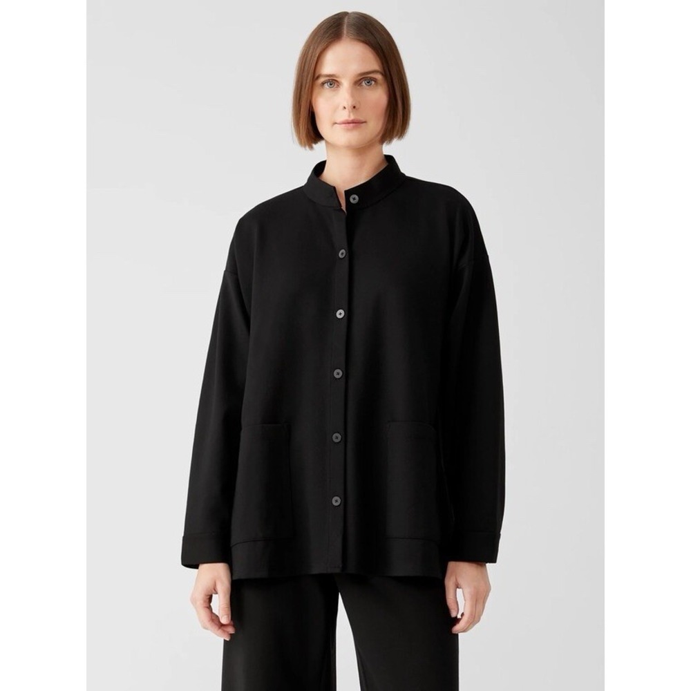 Eileen Fisher NWT Black Washable Flex Ponte Stand Collar Overshirt Size L